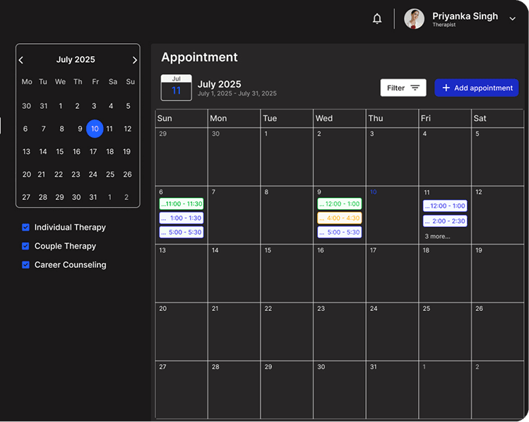 Smart scheduling calendar interface for therapists