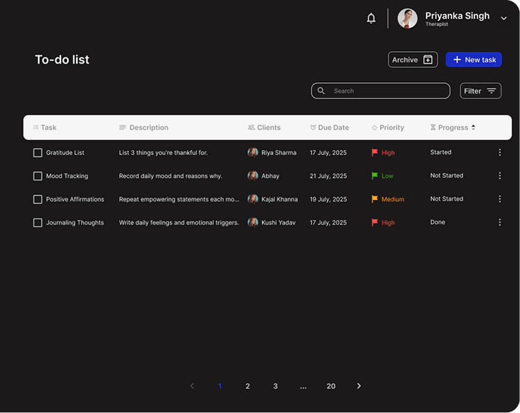 Task management dashboard for therapists