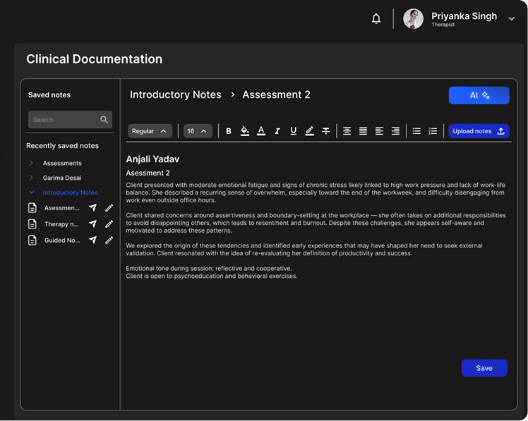 PsychDesk clinical documentation interface showing AI-powered therapy notes and session tracking dashboard for mental health professionals